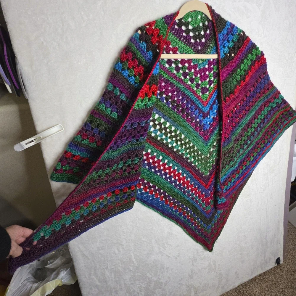 Boho Granny‎ Square Crochet Shawl Wrap Boho Multi Color Handmade Bright Colors
